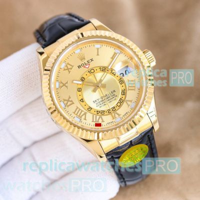 IU Factory Rolex Oyster Sky-dweller 42 Gold Roman Leather Strap Watches